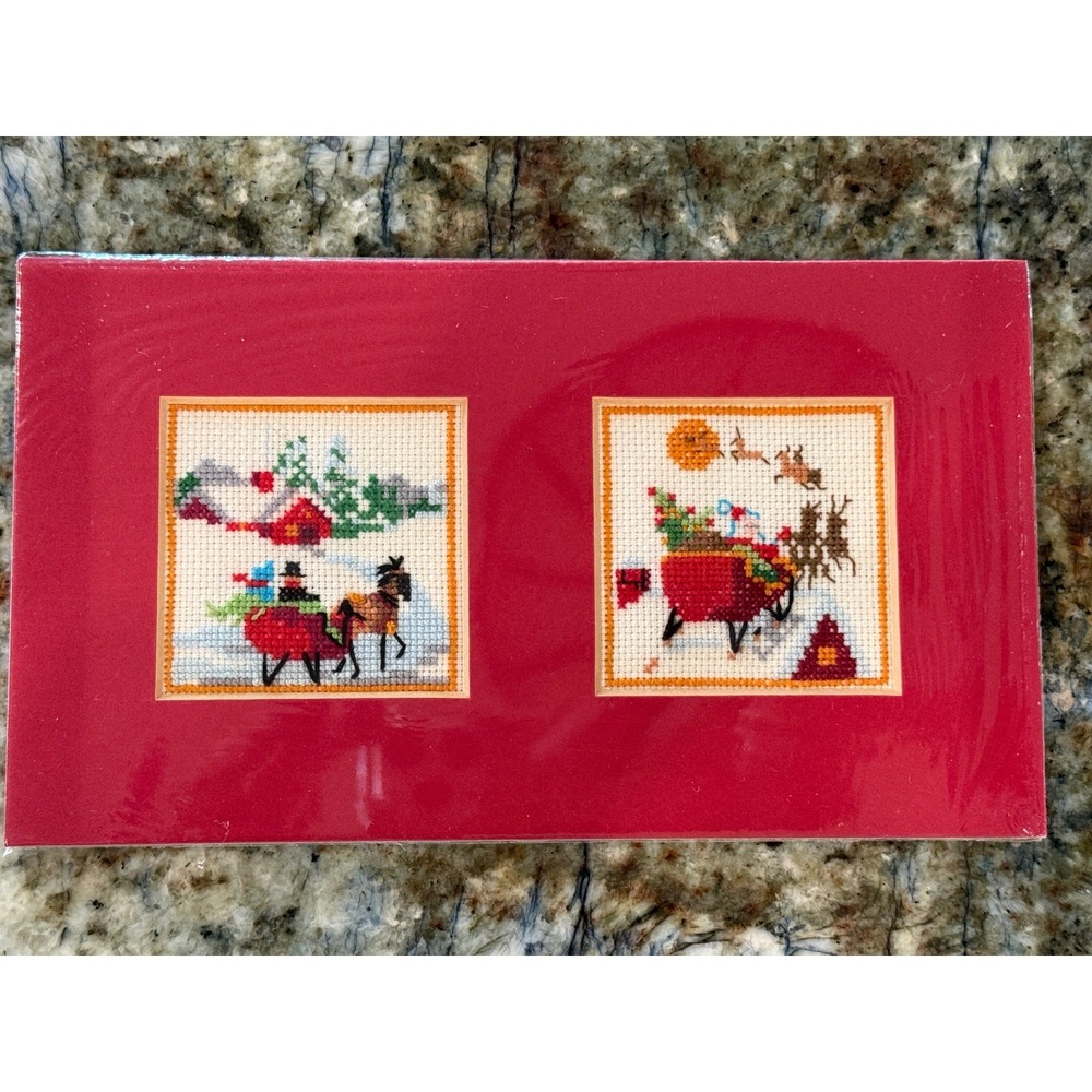 Miniature Christmas Cross Stitched Scenes sleigh snow Santa matted